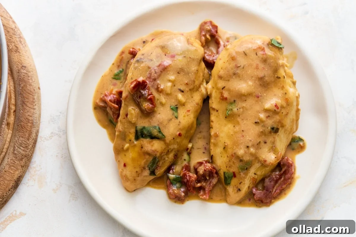 Two chicken breasts plated with creamy dairy-free Marry Me Chicken sauce, sun-dried tomatoes, and fresh basil.