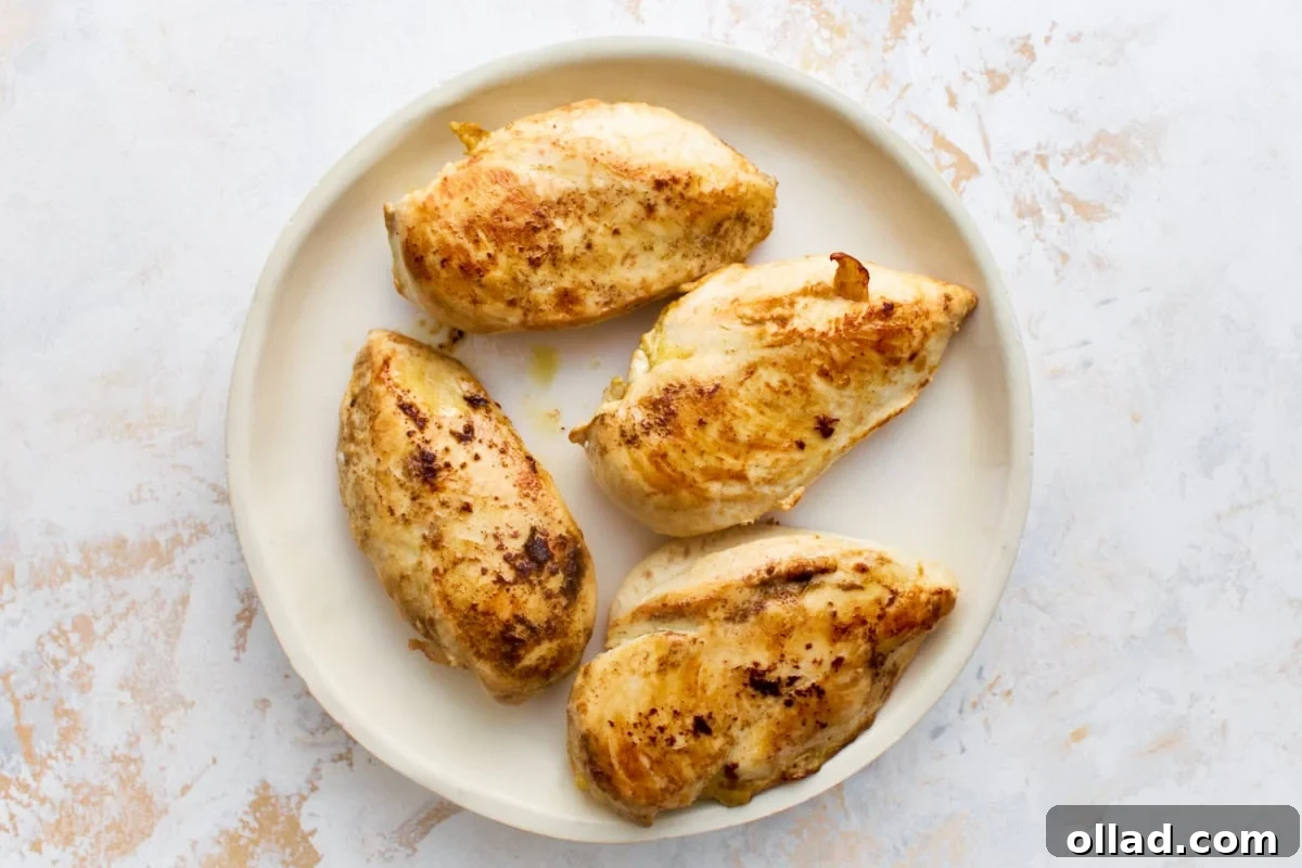 Four golden pan-seared chicken breasts resting on a plate before simmering in the dairy-free Marry Me Chicken sauce.