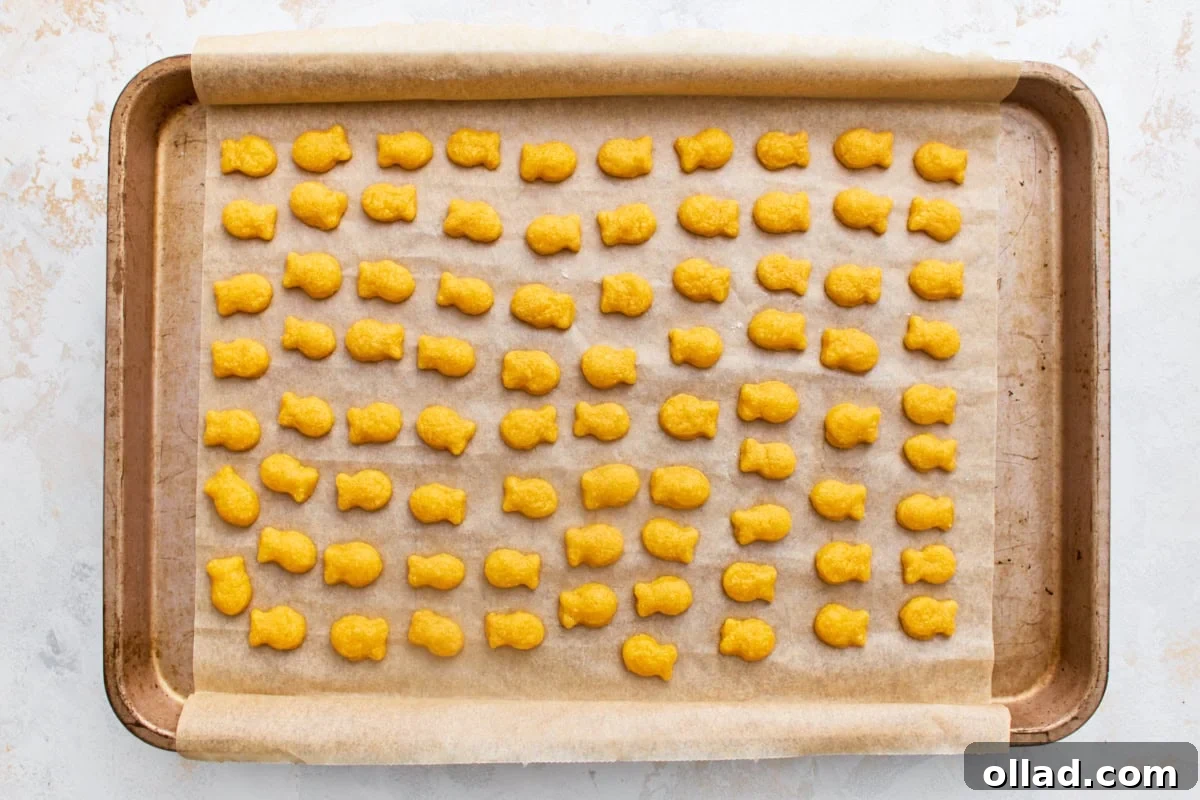 Rows of baked gluten-free goldfish crackers on a parchment-lined baking sheet, golden and crisp.