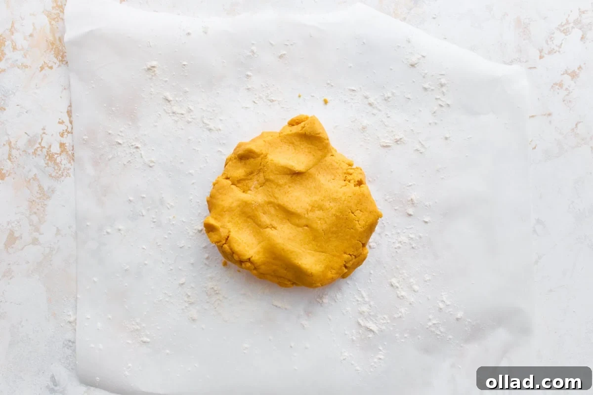 Gluten-free cracker dough pressed into a flat disk on parchment paper, ready to roll out.
