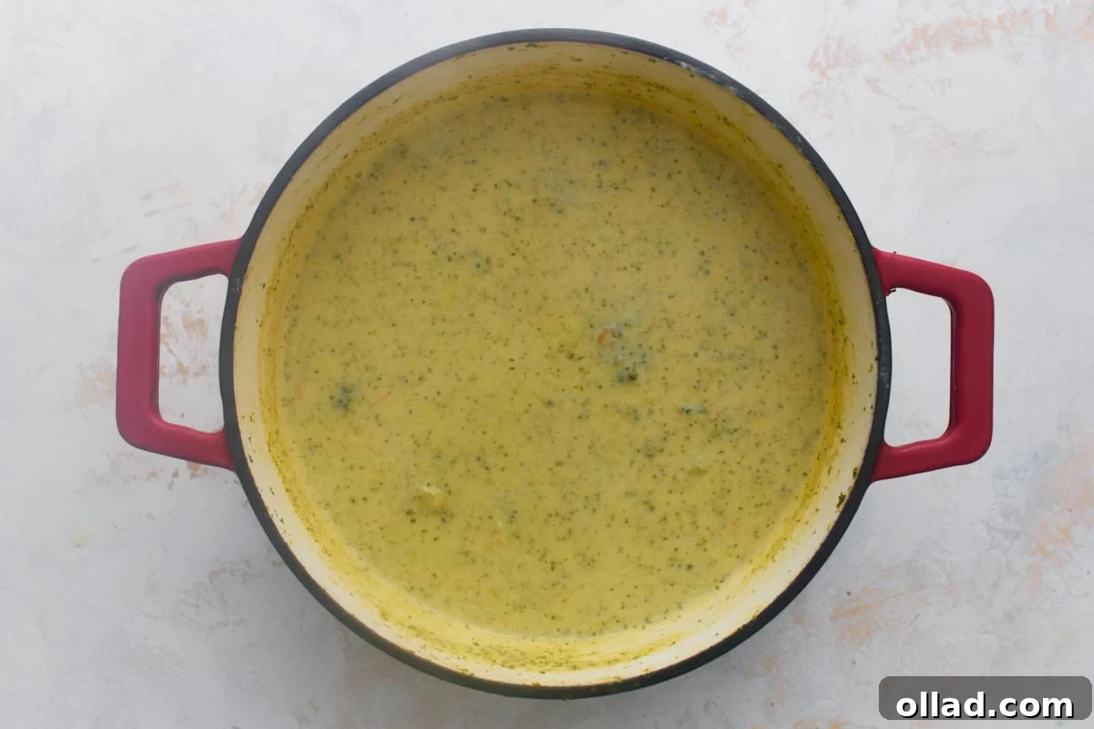 Thick, smooth, glossy gluten-free broccoli cheddar soup in a red Dutch oven after the cheddar cheese has fully melted in.