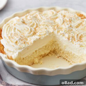 Side view of coconut cream pie with a large slice missing