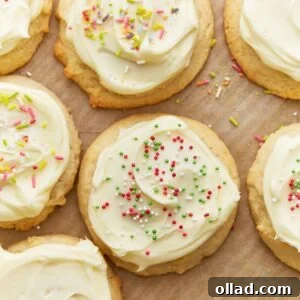 Close up overhead view of gluten-free sugar cookies topped with frosting and sprinkles.