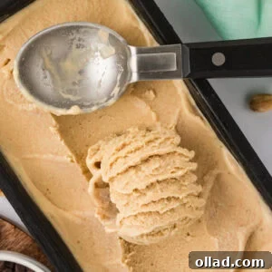 Overhead view of banana peanut butter nice cream being scooped from a black loaf pan